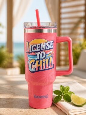 Margaritaville Pink "License to Chill" Travel Tumbler with Handle and Straw